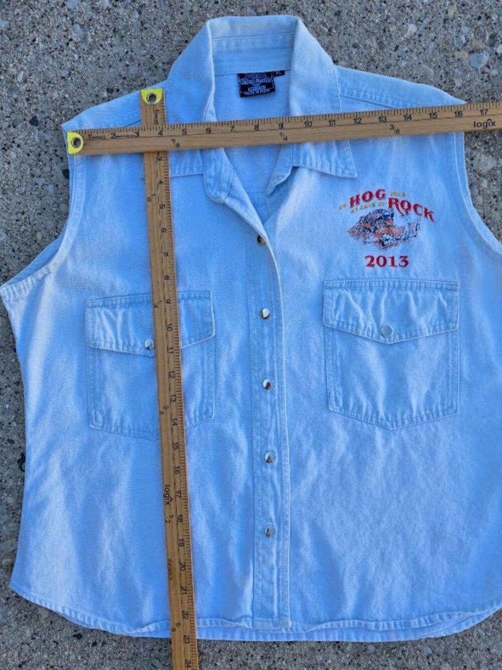Hog Rock 2013 Motorcycle Rally Sleeveless Denim Shirt XL Biker Graphic - Picture 9 of 11